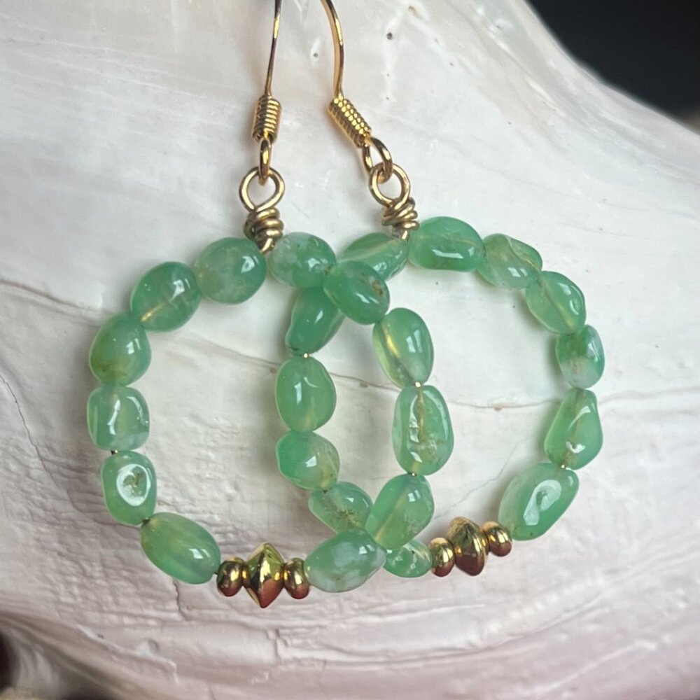 Gemstone Beaded Hoop Earrings | Chrysoprase Green Dangle Earrings - Picture 7 of 7